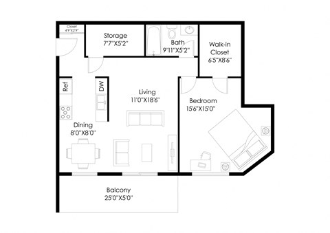 a floor plan of a small house with a bedroom and a living room